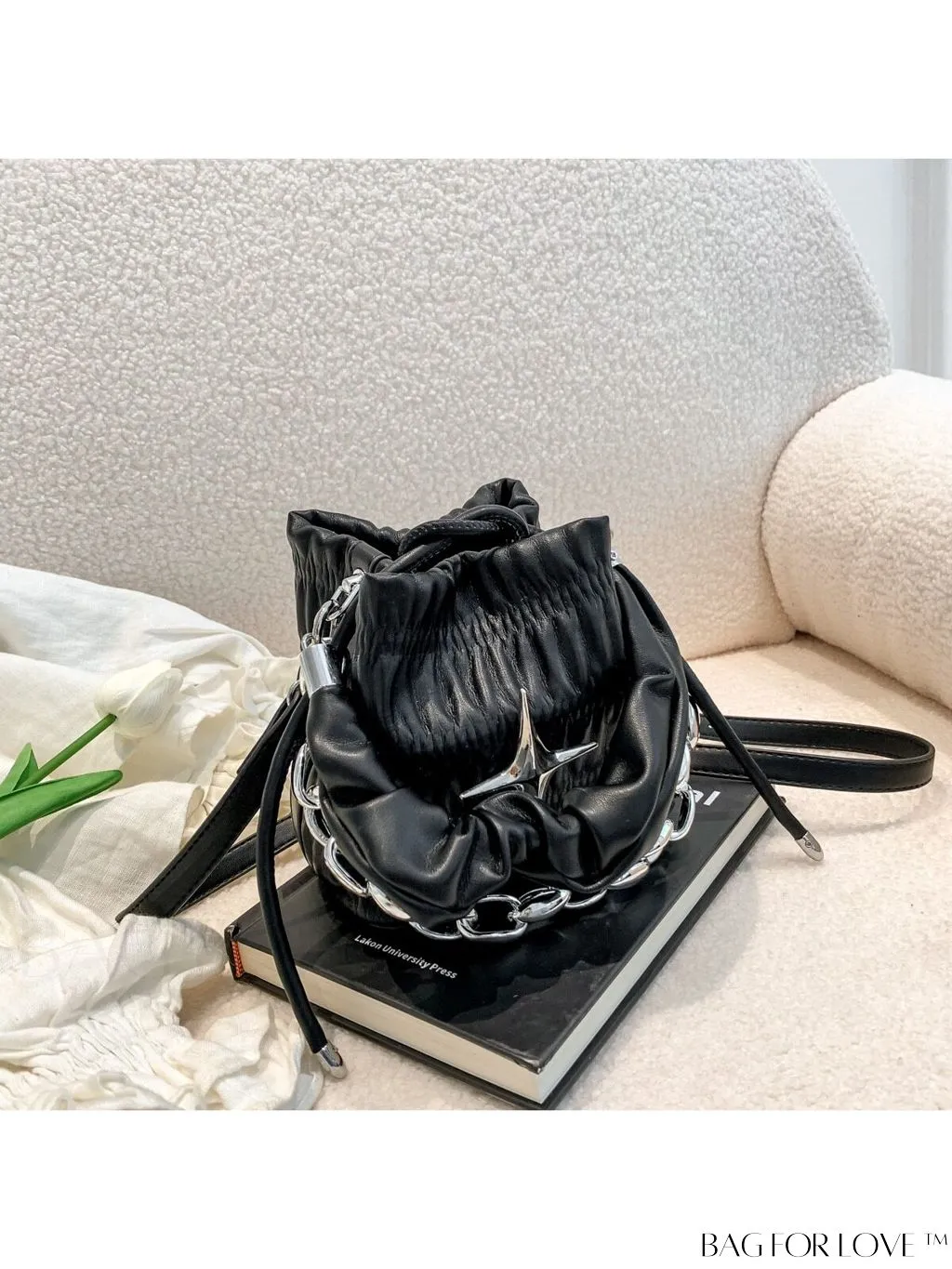 BagForLove - Chic White Drawstring Bucket Bag with Elegant Metal Chain Accent