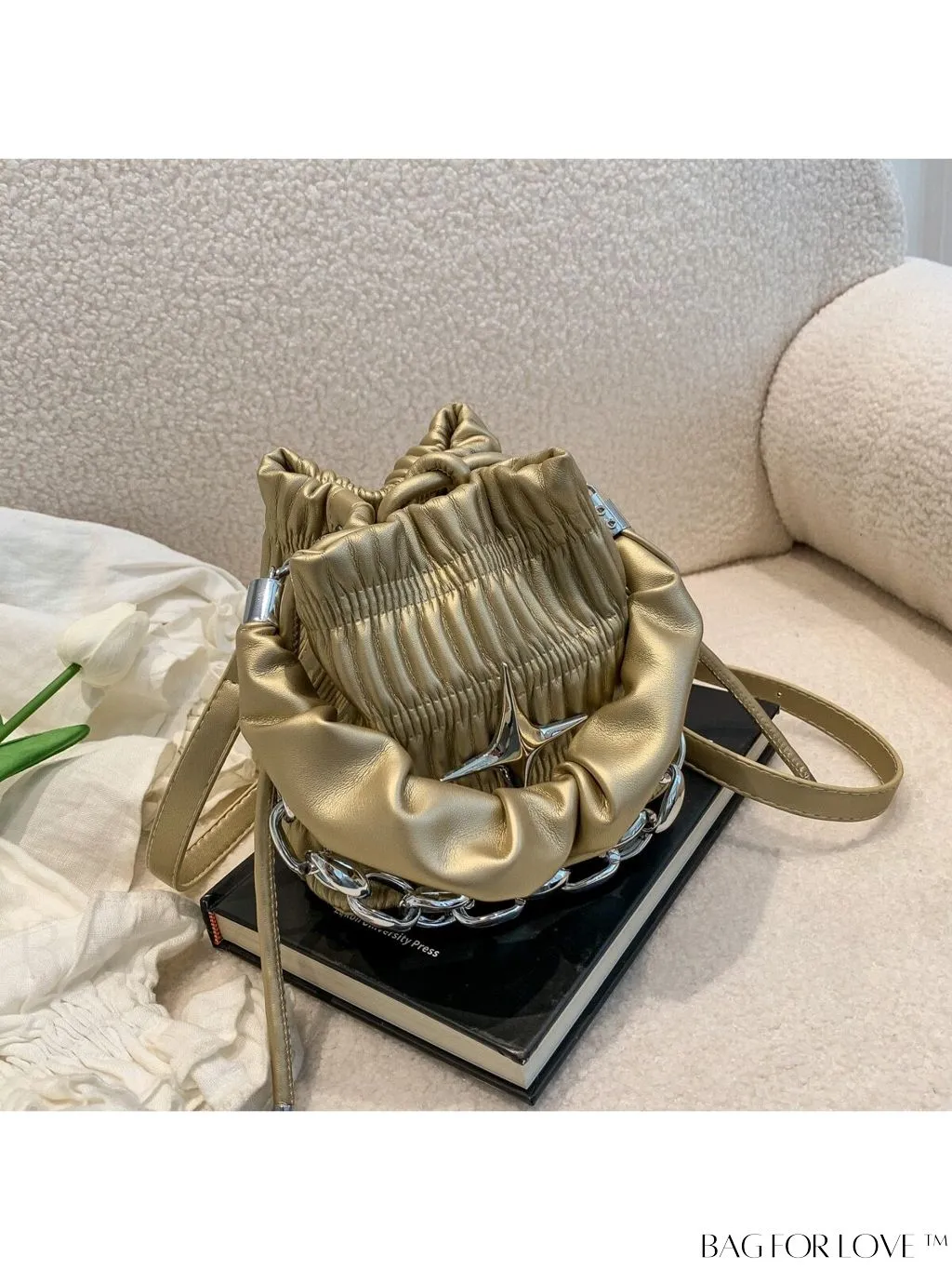 BagForLove - Chic White Drawstring Bucket Bag with Elegant Metal Chain Accent