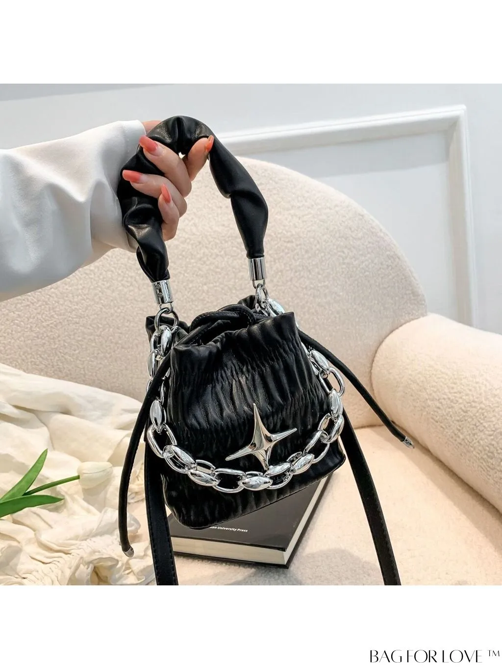BagForLove - Chic White Drawstring Bucket Bag with Elegant Metal Chain Accent