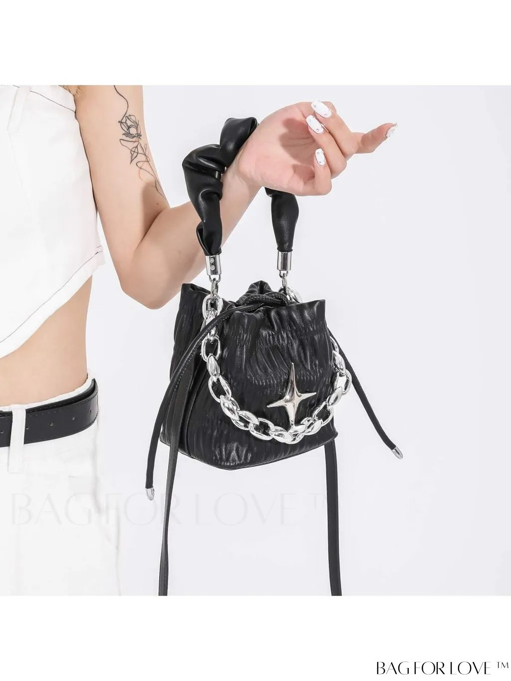 BagForLove - Chic White Drawstring Bucket Bag with Elegant Metal Chain Accent