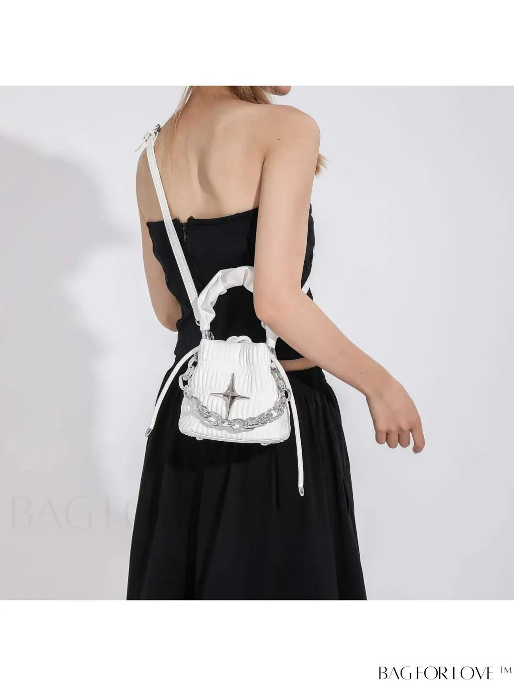 BagForLove - Chic White Drawstring Bucket Bag with Elegant Metal Chain Accent