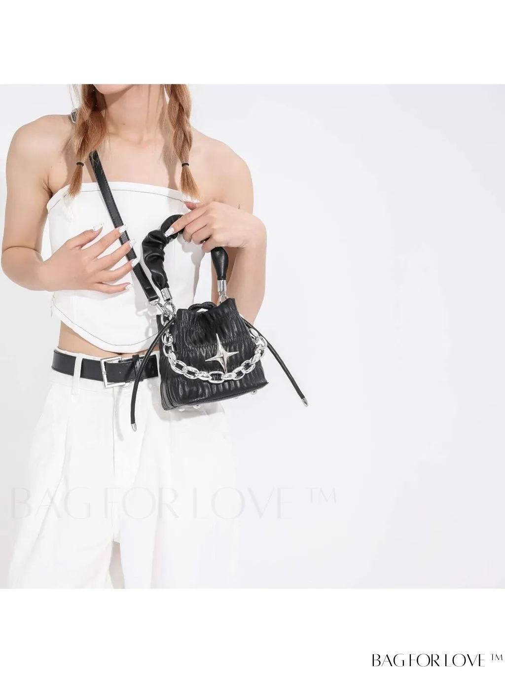 BagForLove - Chic White Drawstring Bucket Bag with Elegant Metal Chain Accent