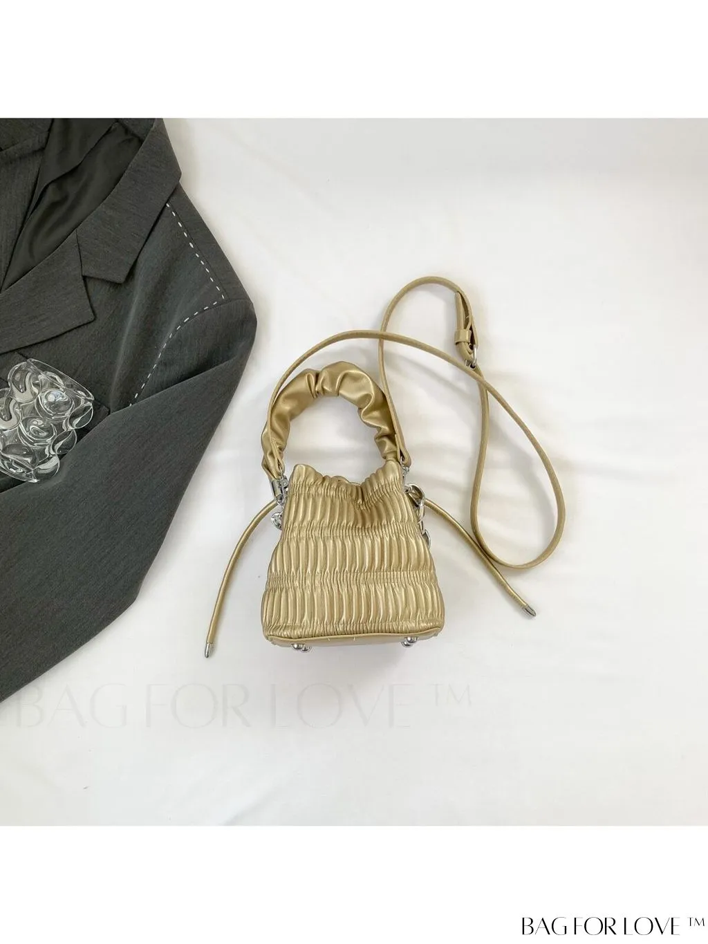 BagForLove - Chic White Drawstring Bucket Bag with Elegant Metal Chain Accent