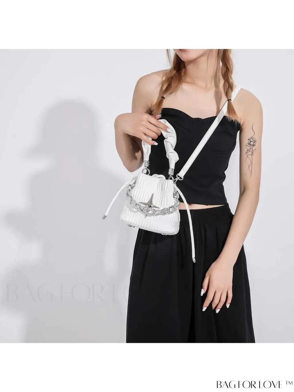 BagForLove - Chic White Drawstring Bucket Bag with Elegant Metal Chain Accent