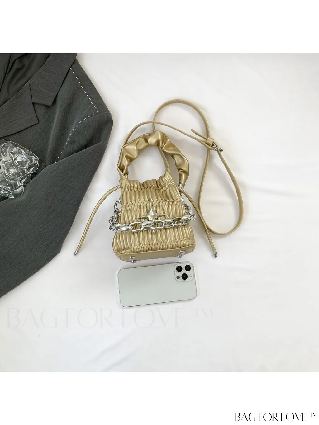 BagForLove - Chic White Drawstring Bucket Bag with Elegant Metal Chain Accent