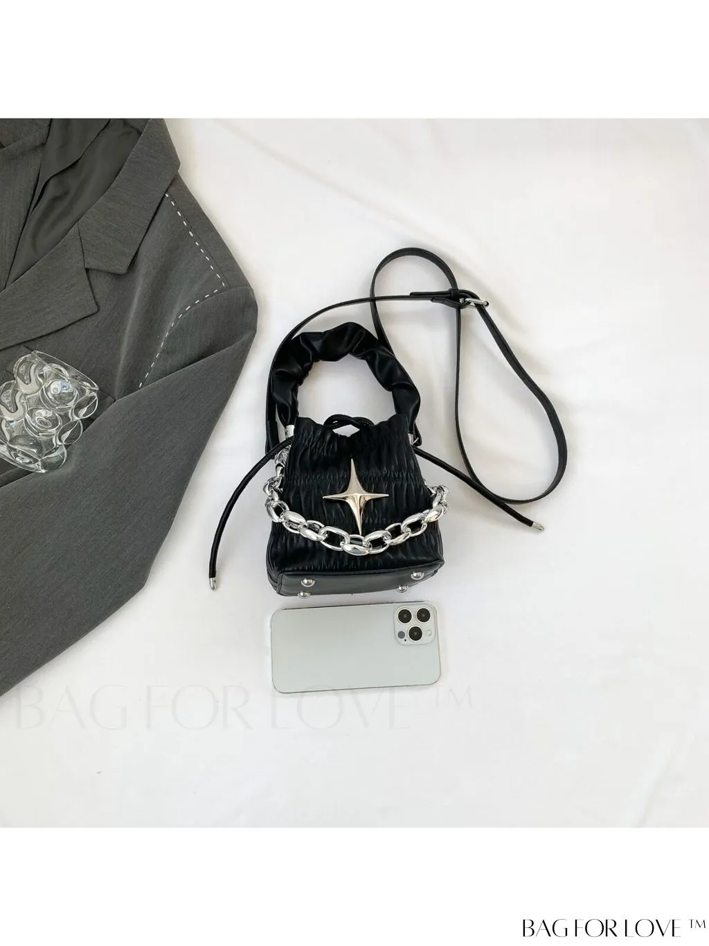 BagForLove - Chic White Drawstring Bucket Bag with Elegant Metal Chain Accent