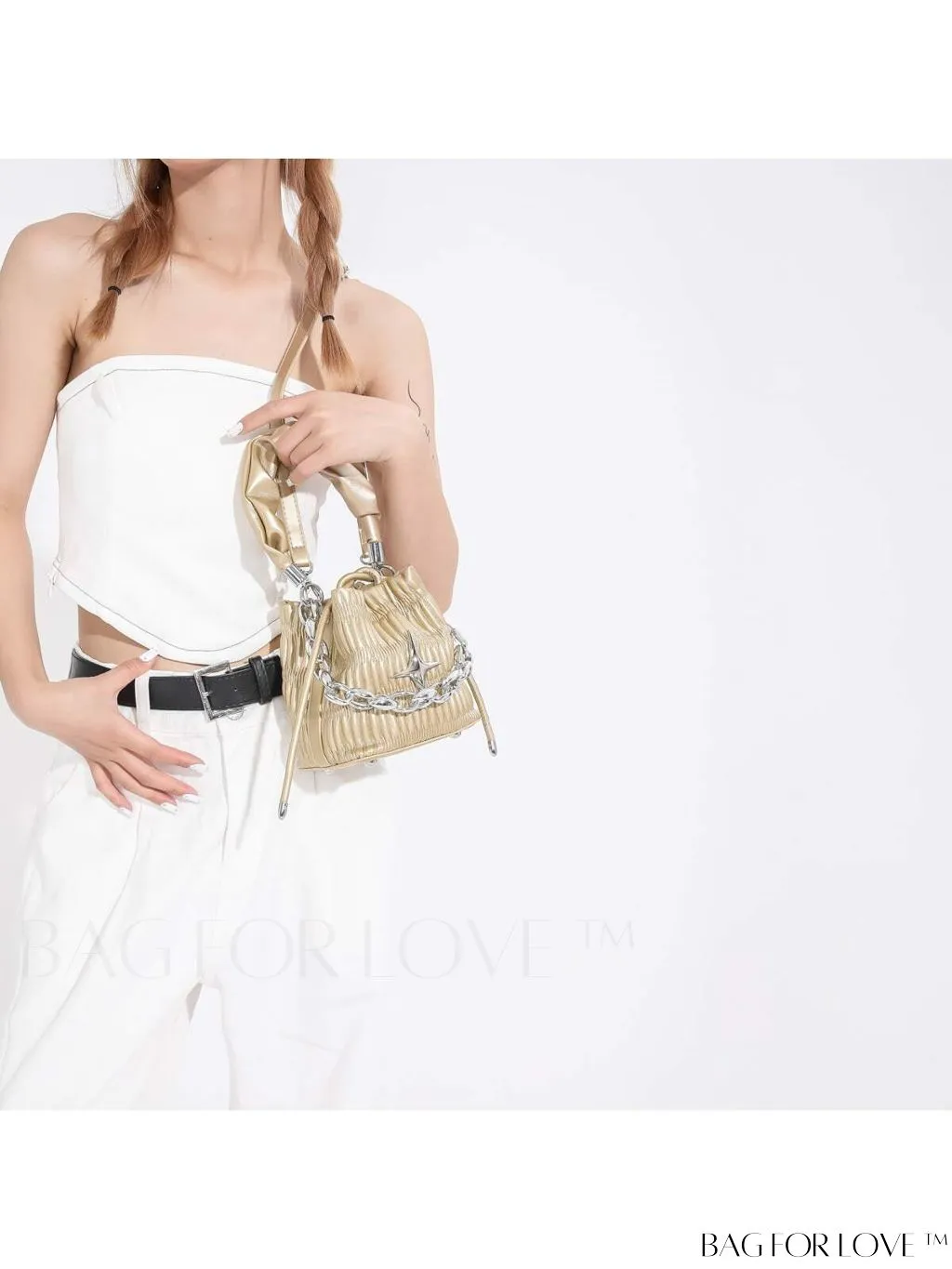 BagForLove - Chic White Drawstring Bucket Bag with Elegant Metal Chain Accent