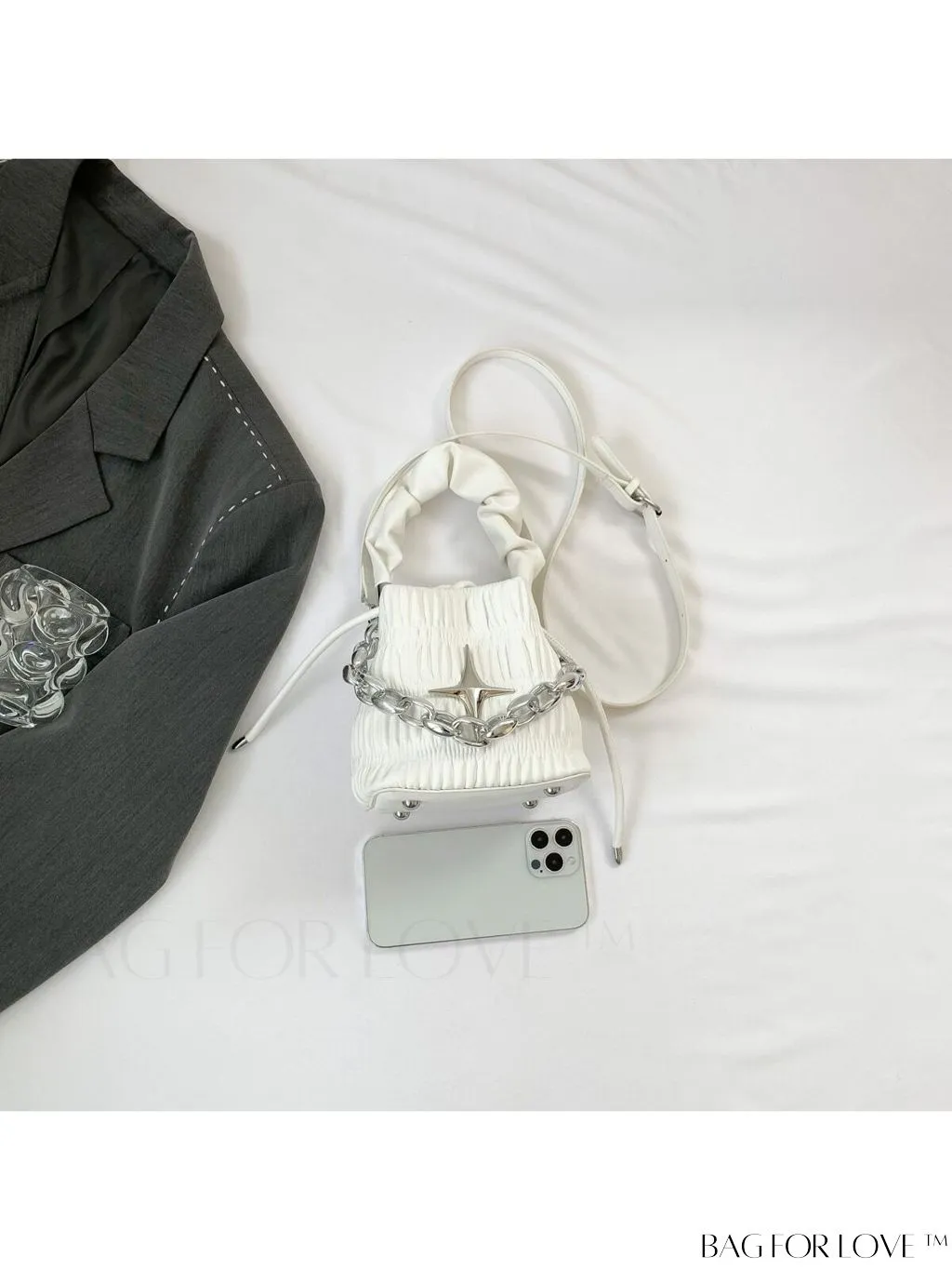 BagForLove - Chic White Drawstring Bucket Bag with Elegant Metal Chain Accent