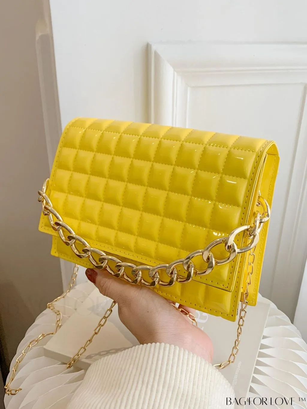 BagForLove - Chic Yellow Plaid Patent Leather Square Bag with Handle & Shoulder Strap