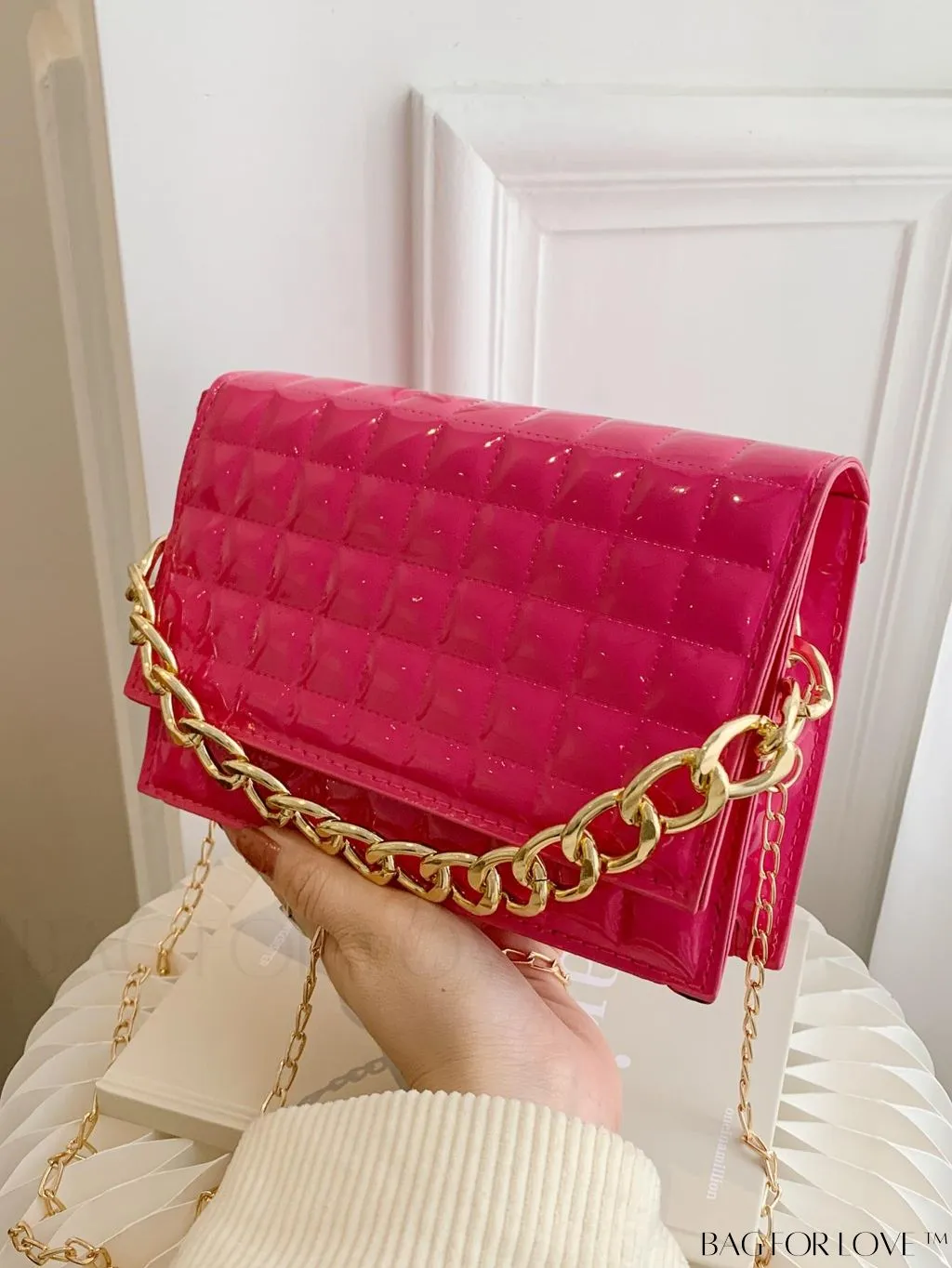 BagForLove - Chic Yellow Plaid Patent Leather Square Bag with Handle & Shoulder Strap