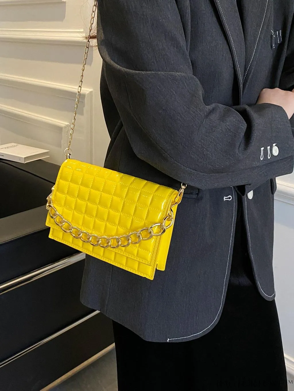 BagForLove - Chic Yellow Plaid Patent Leather Square Bag with Handle & Shoulder Strap