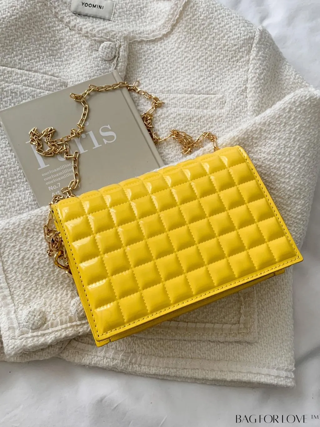 BagForLove - Chic Yellow Plaid Patent Leather Square Bag with Handle & Shoulder Strap