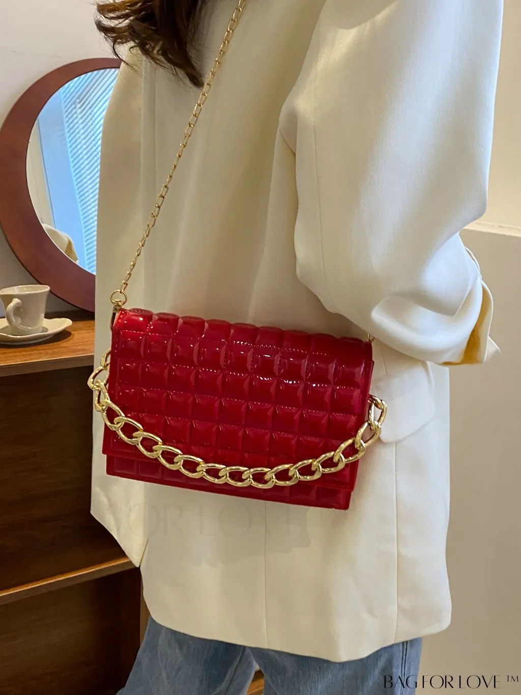 BagForLove - Chic Yellow Plaid Patent Leather Square Bag with Handle & Shoulder Strap