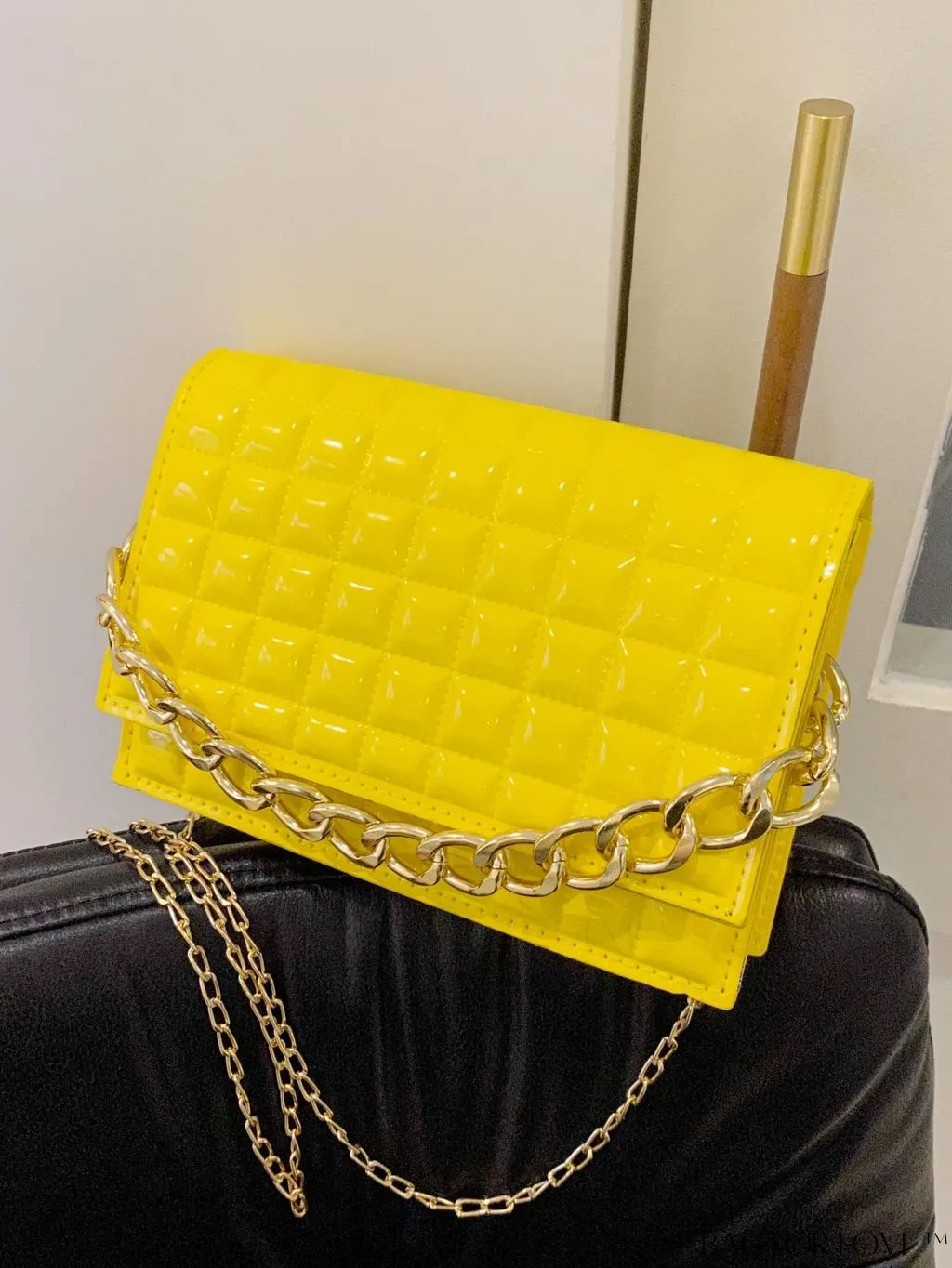 BagForLove - Chic Yellow Plaid Patent Leather Square Bag with Handle & Shoulder Strap