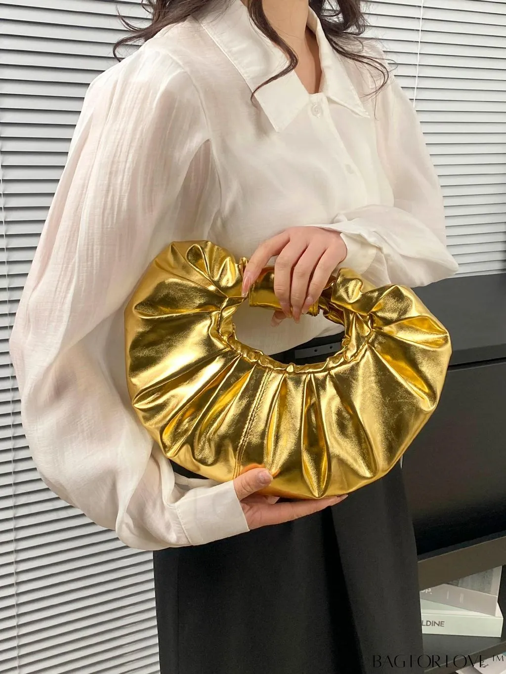 BagForLove - Funky Gold Top Handle Bag - Medium Size with Ruched Design