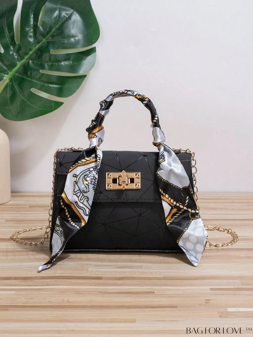 BagForLove - Geometric Square Handbag Embellished with Twilly Scarf - A Chic Accessory