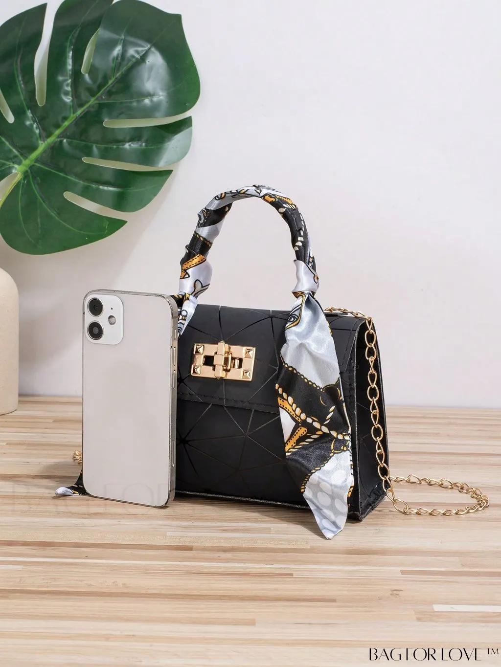 BagForLove - Geometric Square Handbag Embellished with Twilly Scarf - A Chic Accessory