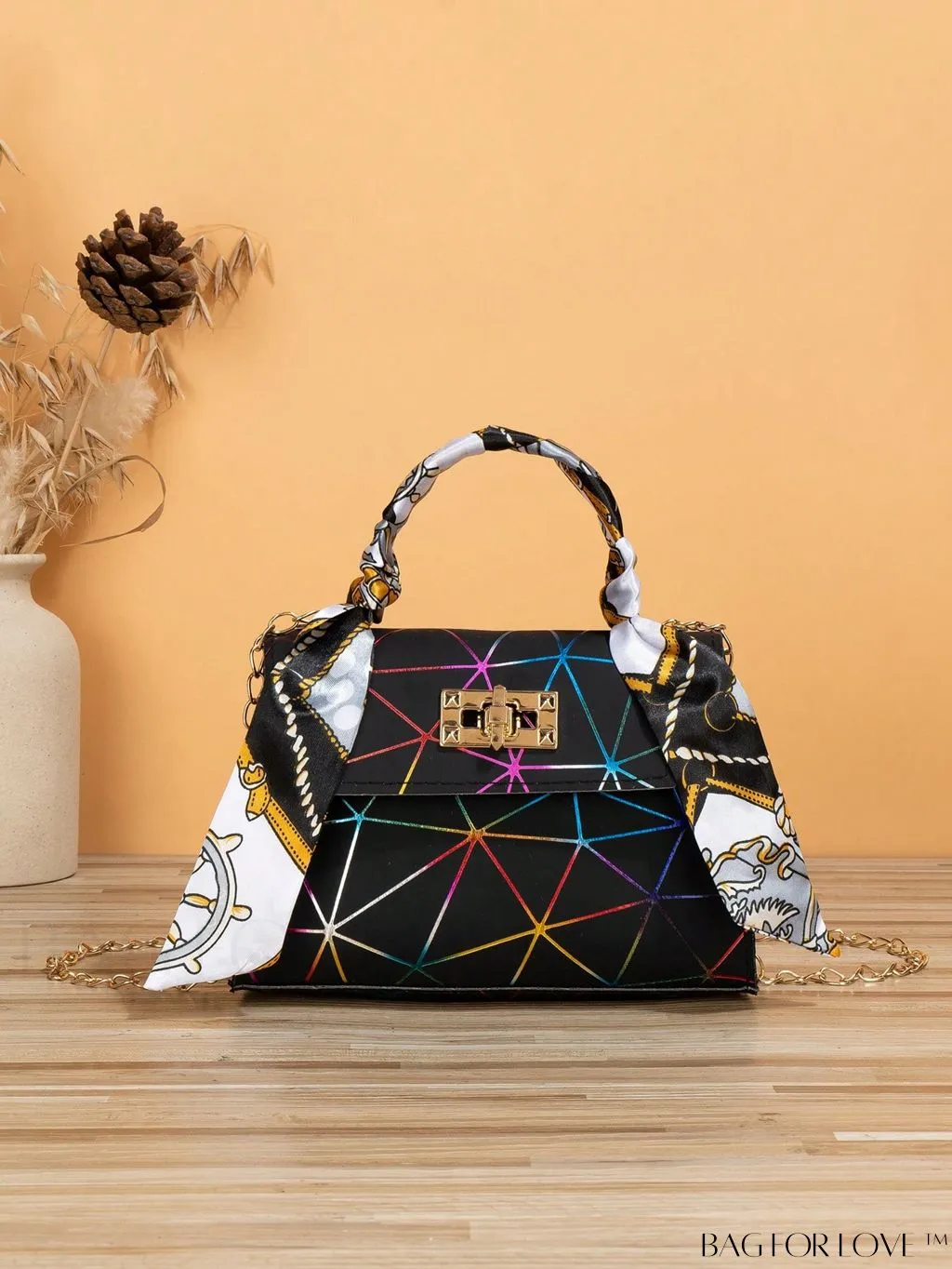 BagForLove - Geometric Square Handbag Embellished with Twilly Scarf - A Chic Accessory