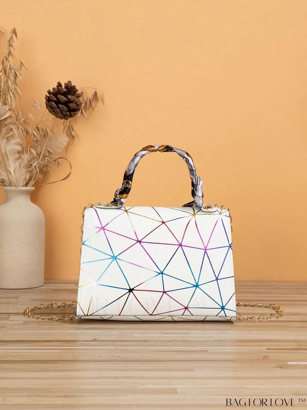 BagForLove - Geometric Square Handbag Embellished with Twilly Scarf - A Chic Accessory