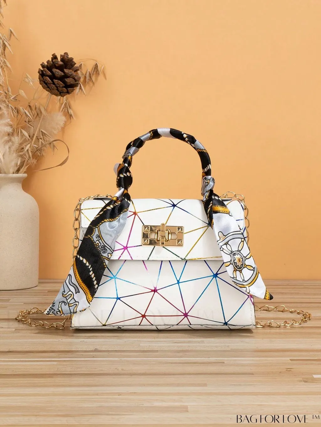 BagForLove - Geometric Square Handbag Embellished with Twilly Scarf - A Chic Accessory