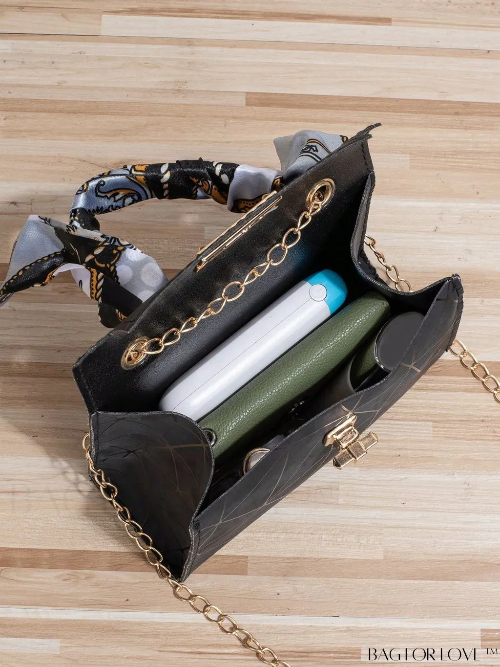 BagForLove - Geometric Square Handbag Embellished with Twilly Scarf - A Chic Accessory