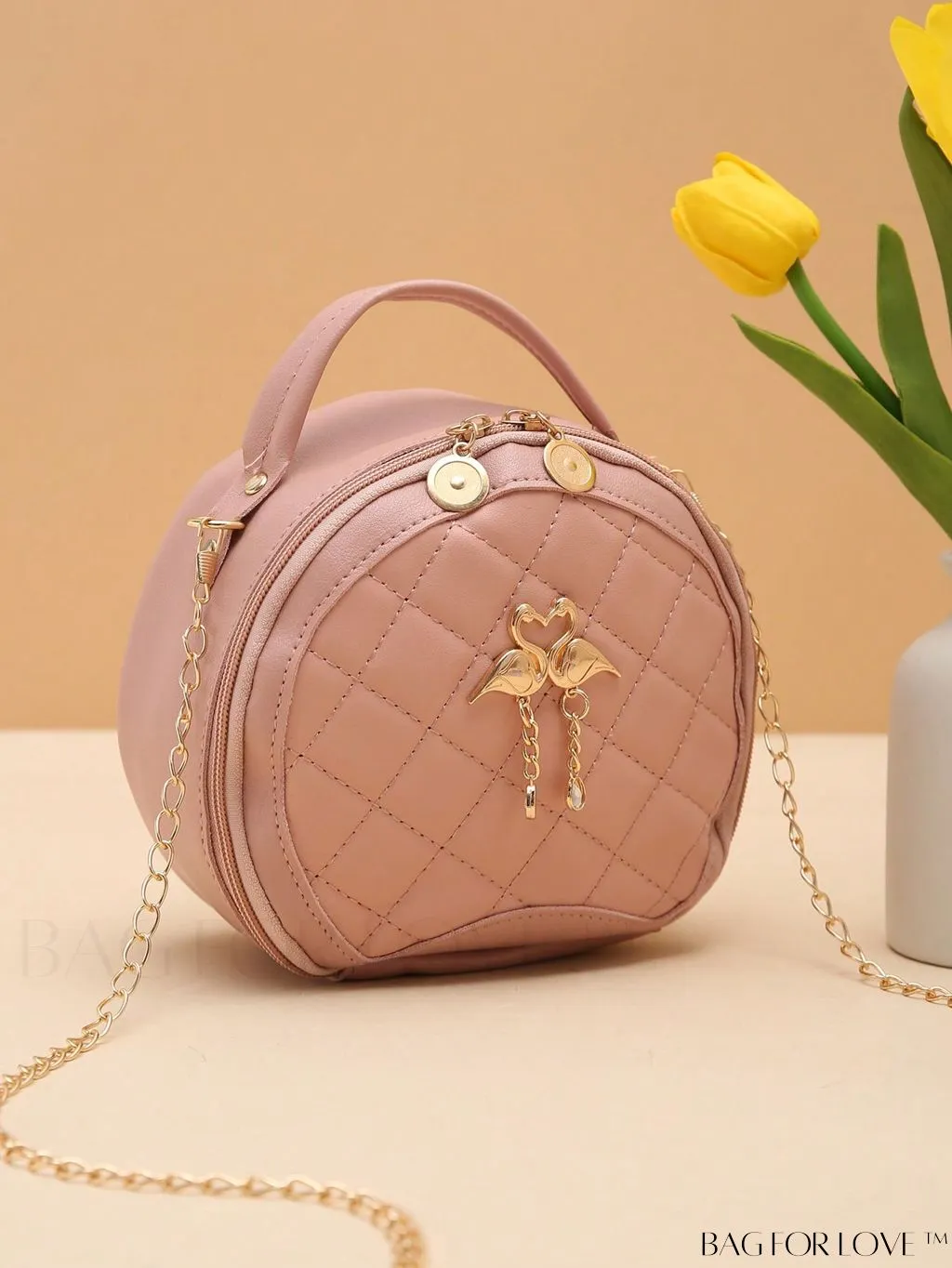 BagForLove - Khaki Mini Quilted Metal Circle Bag with Chic Decor