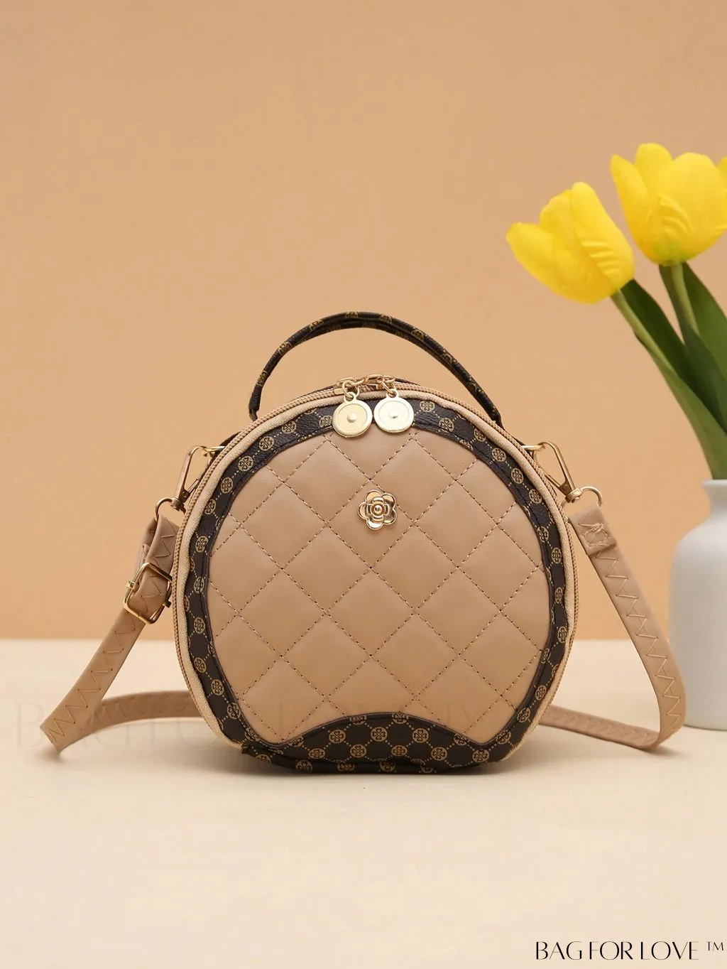 BagForLove - Khaki Mini Quilted Metal Circle Bag with Chic Decor