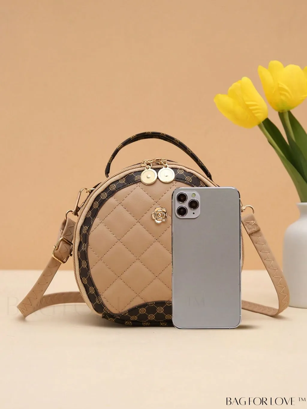 BagForLove - Khaki Mini Quilted Metal Circle Bag with Chic Decor
