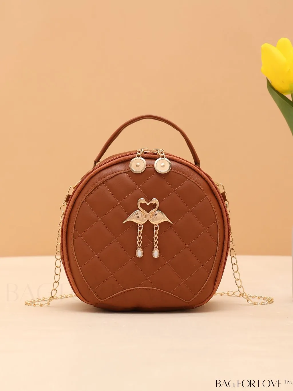 BagForLove - Khaki Mini Quilted Metal Circle Bag with Chic Decor