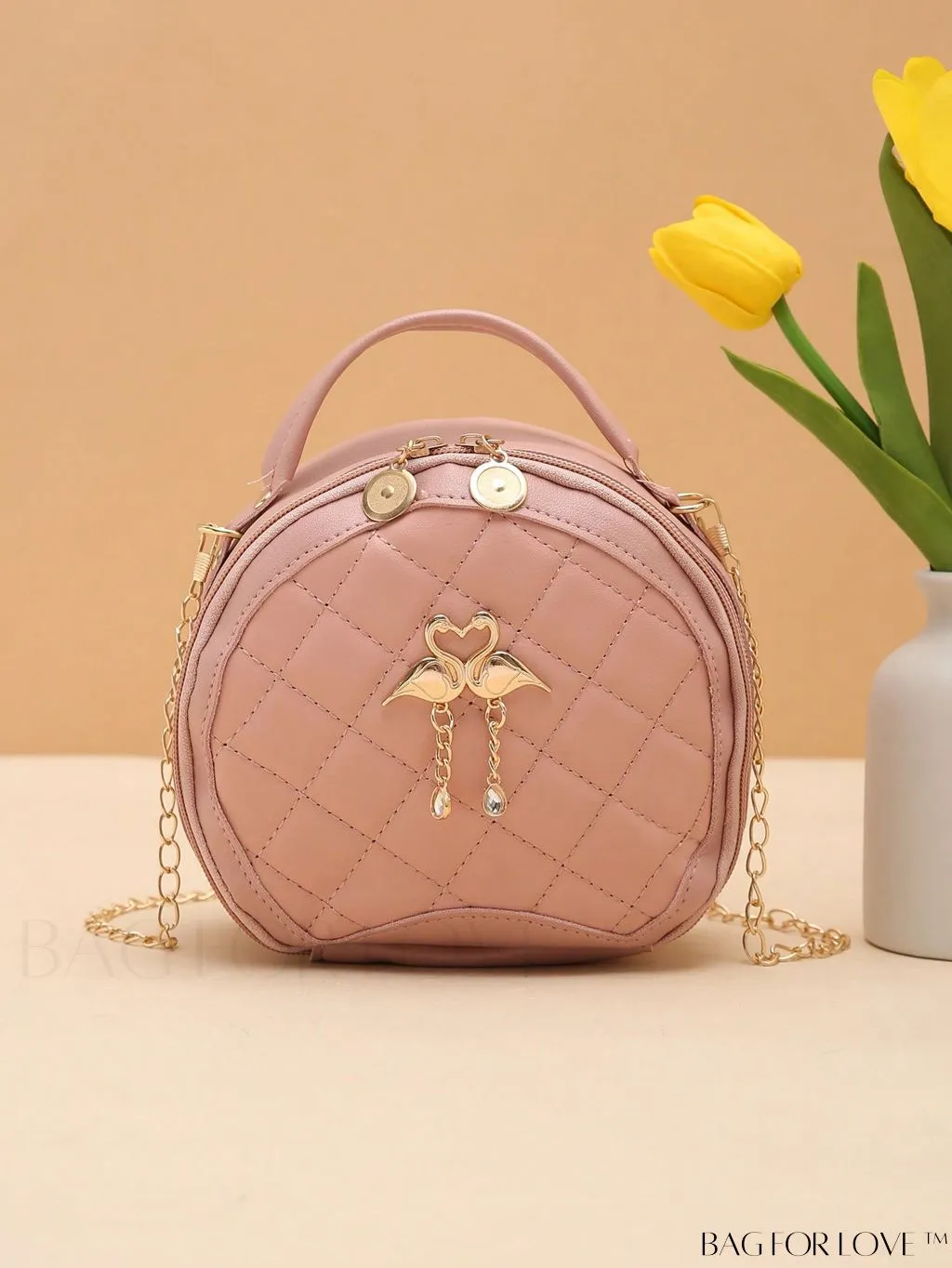 BagForLove - Khaki Mini Quilted Metal Circle Bag with Chic Decor