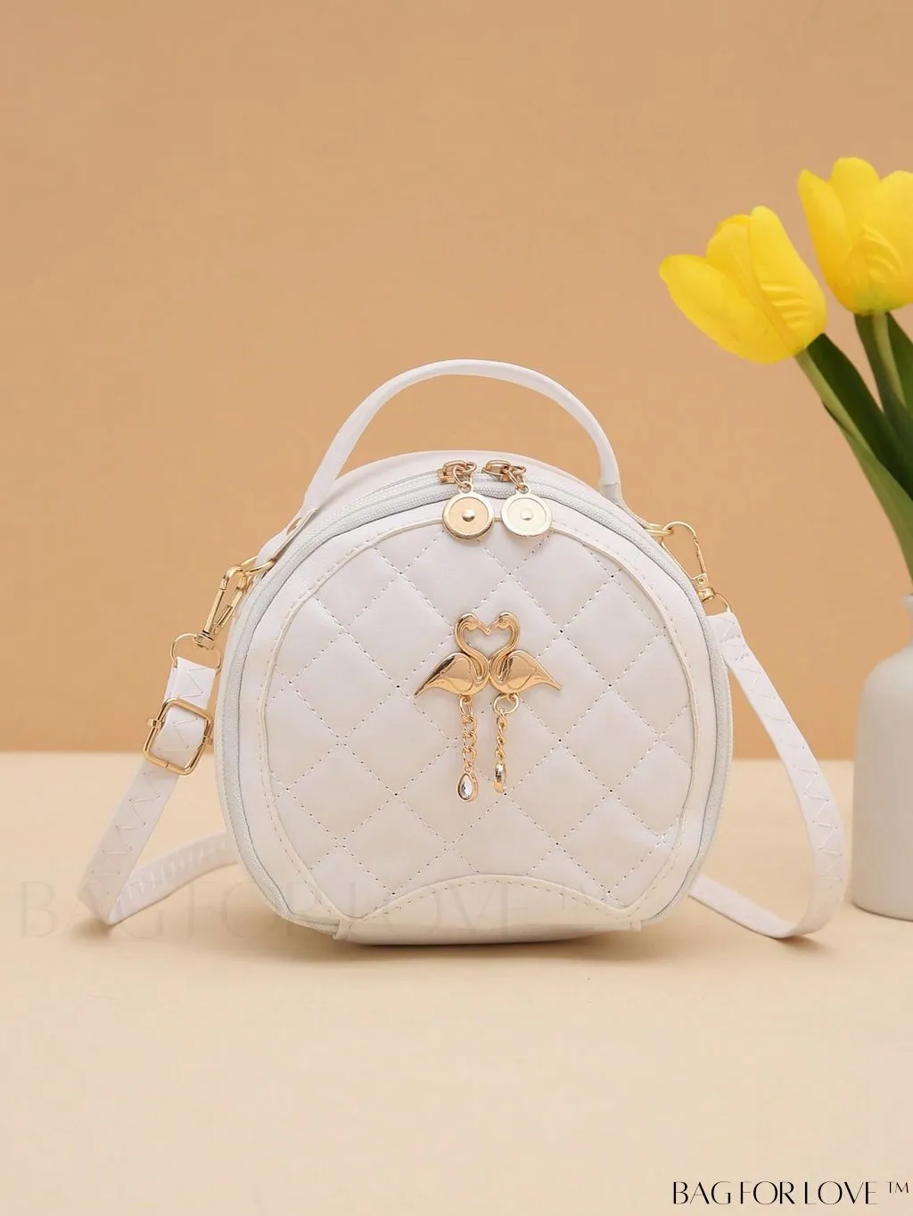 BagForLove - Khaki Mini Quilted Metal Circle Bag with Chic Decor