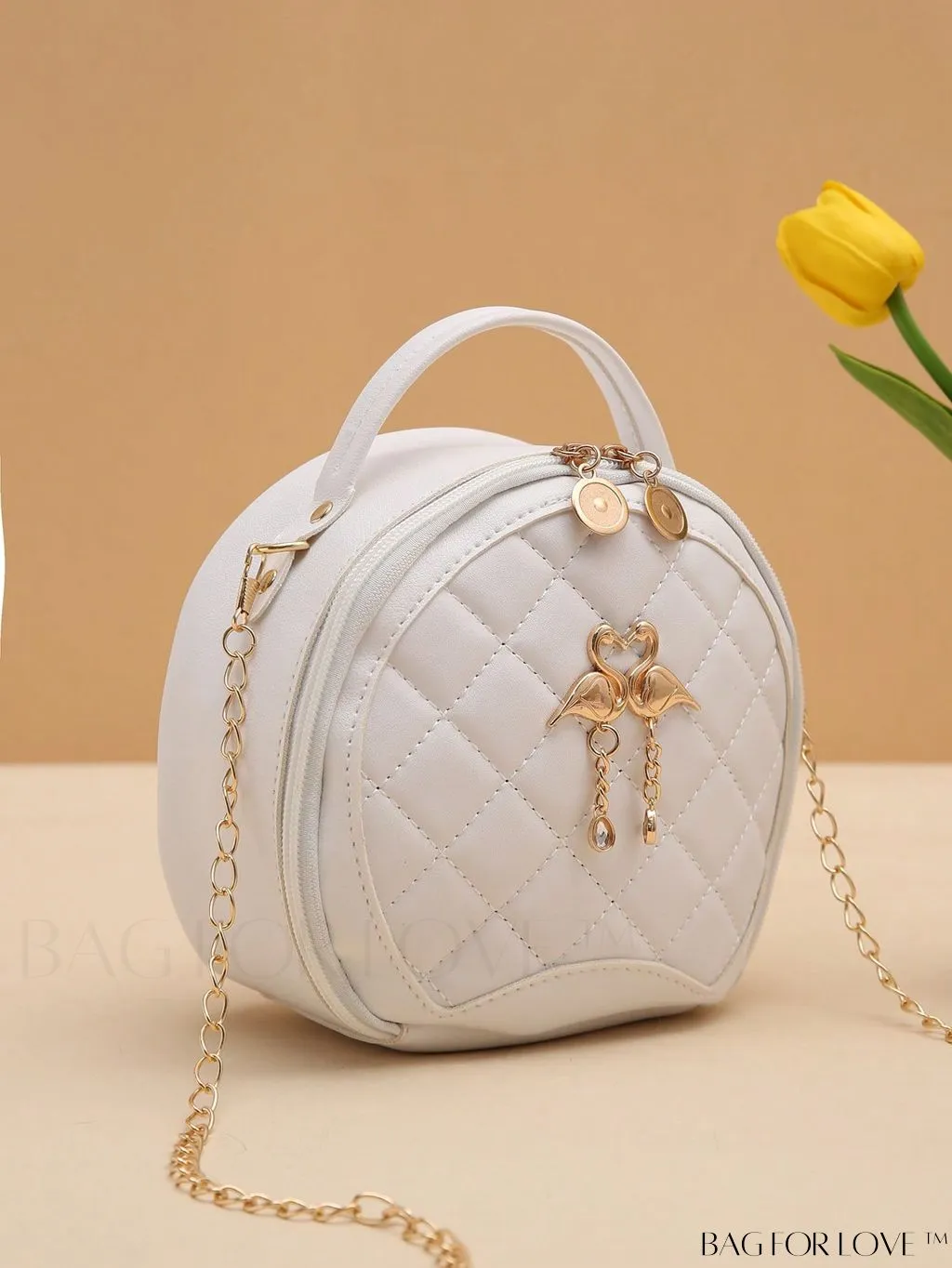 BagForLove - Khaki Mini Quilted Metal Circle Bag with Chic Decor