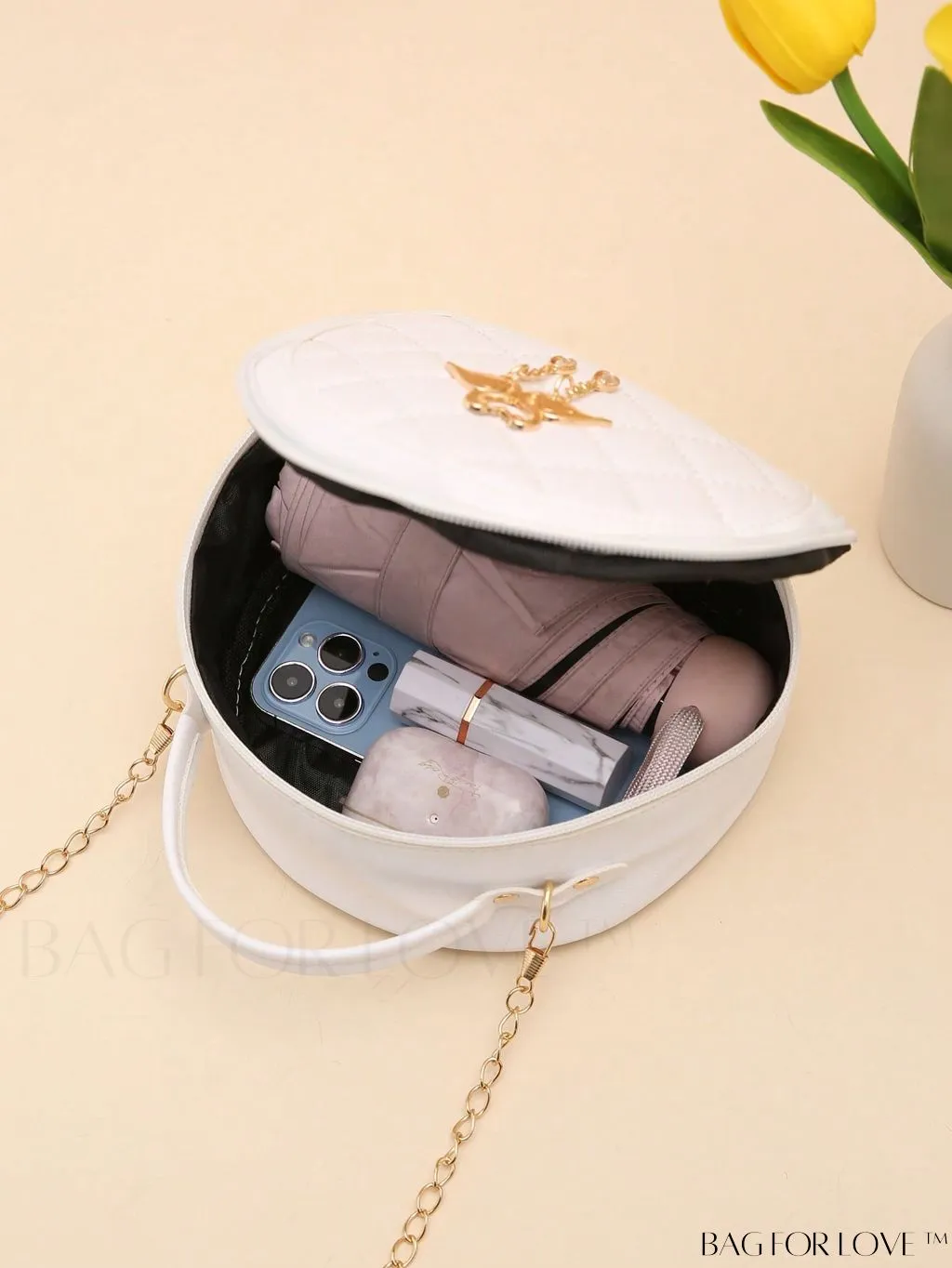BagForLove - Khaki Mini Quilted Metal Circle Bag with Chic Decor