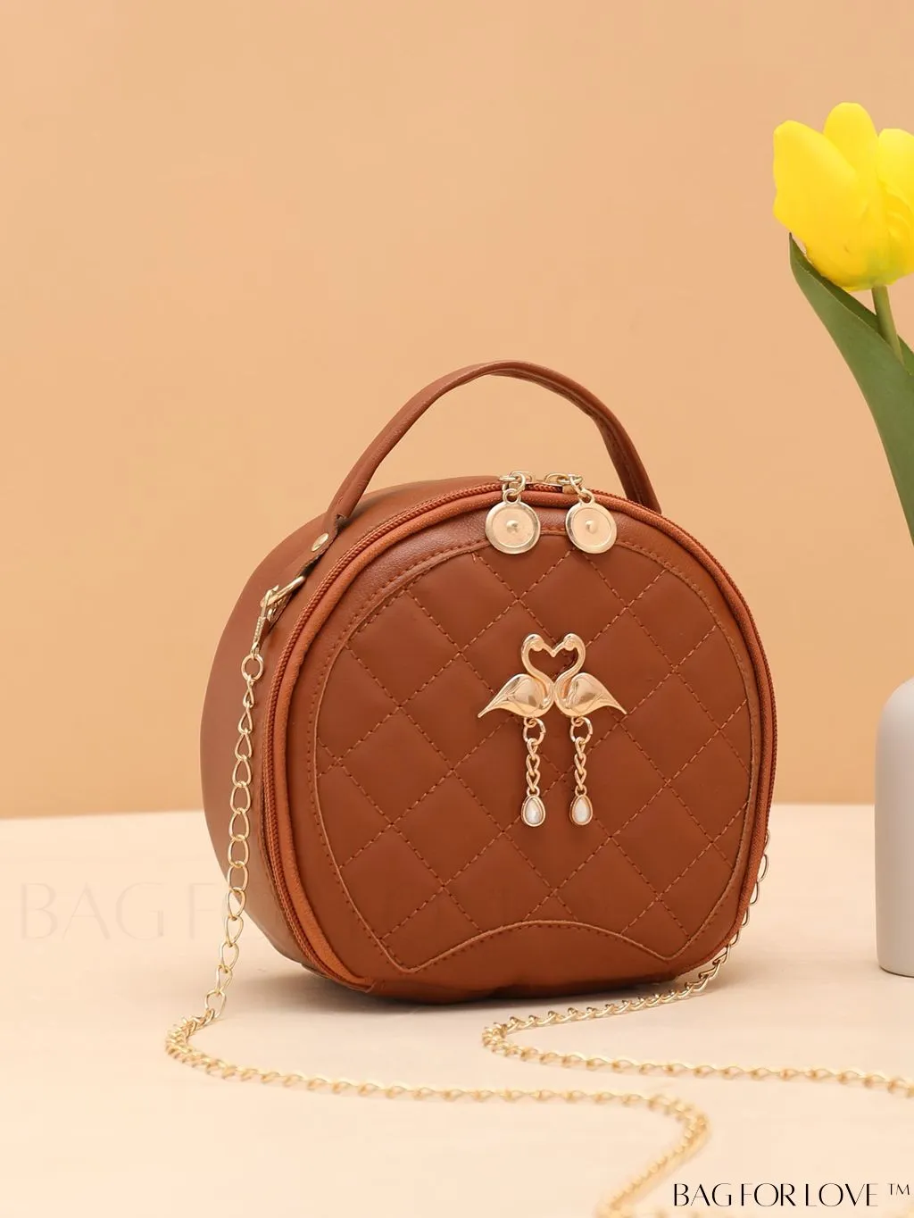 BagForLove - Khaki Mini Quilted Metal Circle Bag with Chic Decor
