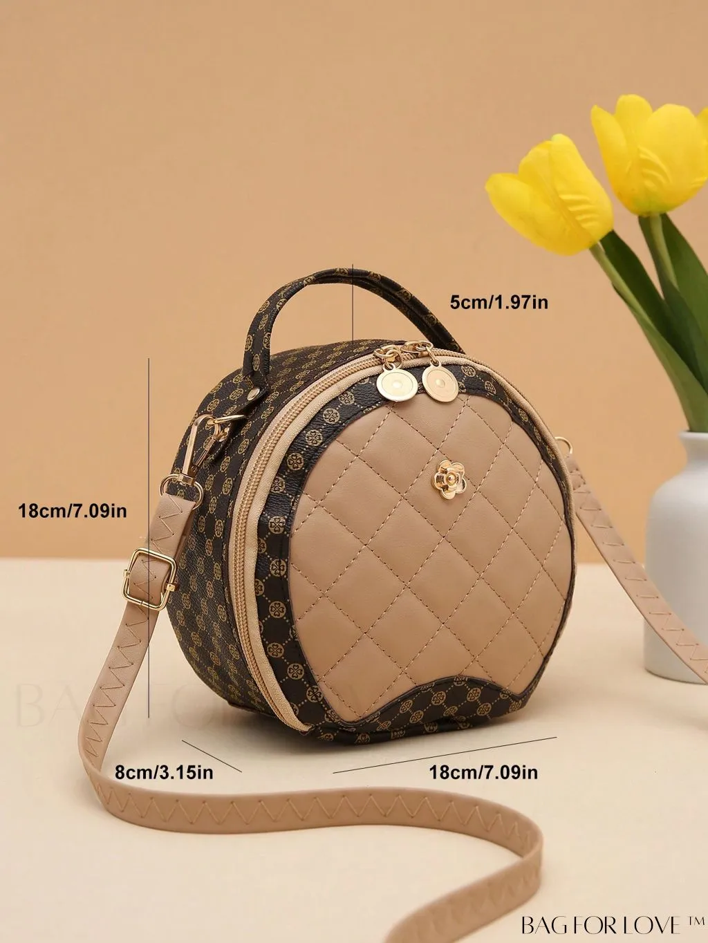 BagForLove - Khaki Mini Quilted Metal Circle Bag with Chic Decor