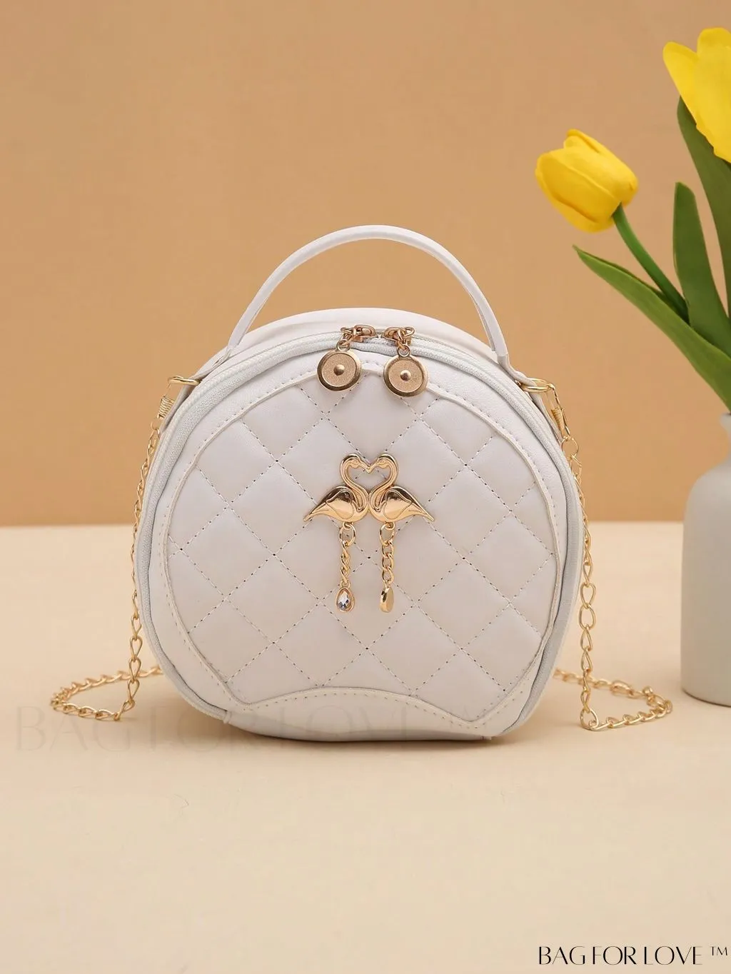 BagForLove - Khaki Mini Quilted Metal Circle Bag with Chic Decor