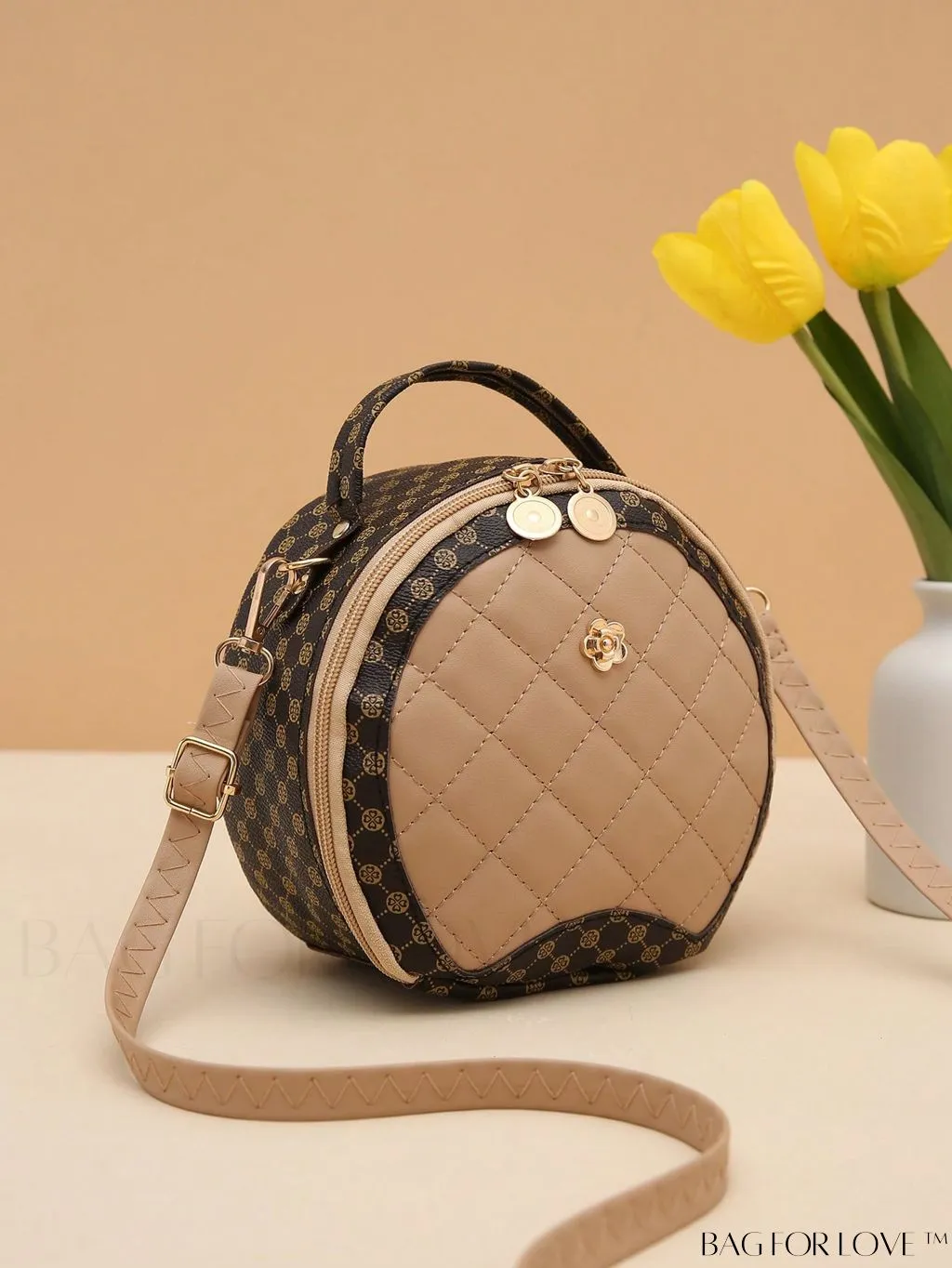 BagForLove - Khaki Mini Quilted Metal Circle Bag with Chic Decor