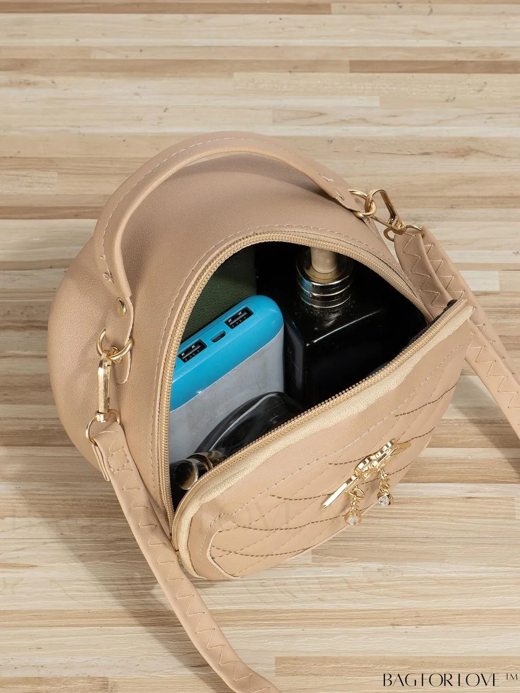 BagForLove - Khaki Mini Quilted Metal Circle Bag with Chic Decor