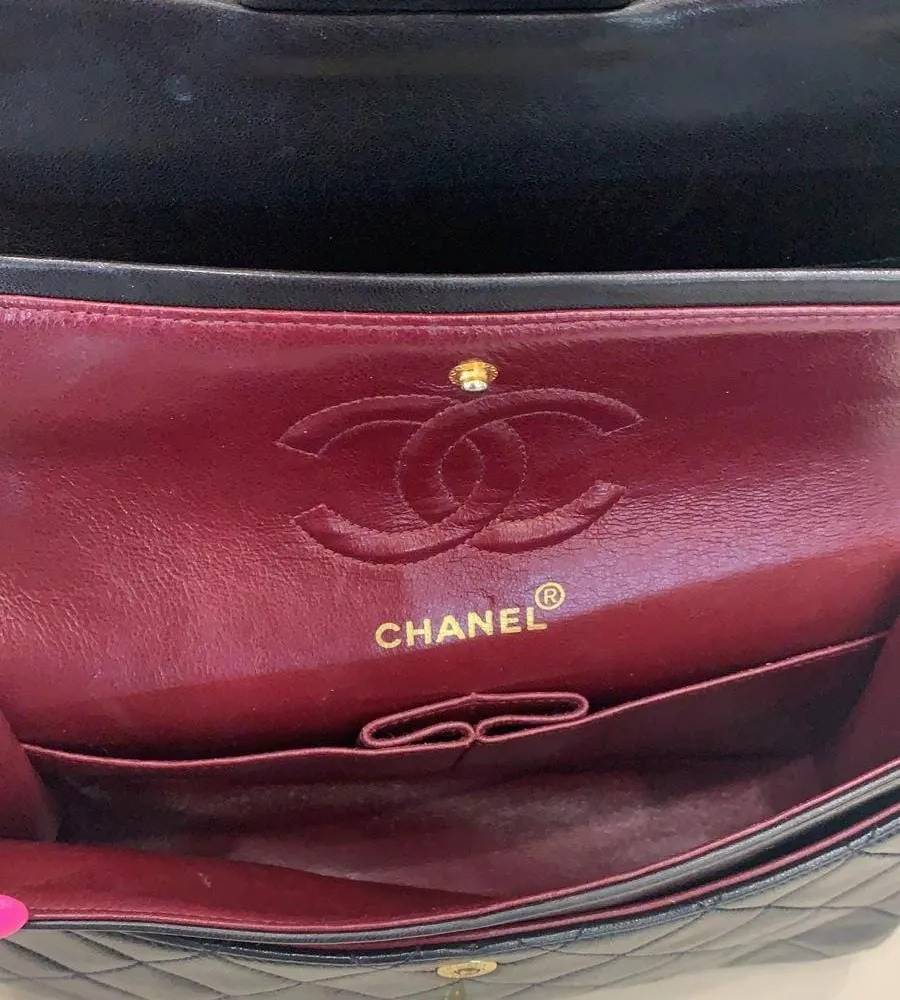 CHANEL Vintage Double Flap Lambskin Shoulder Bag Black
