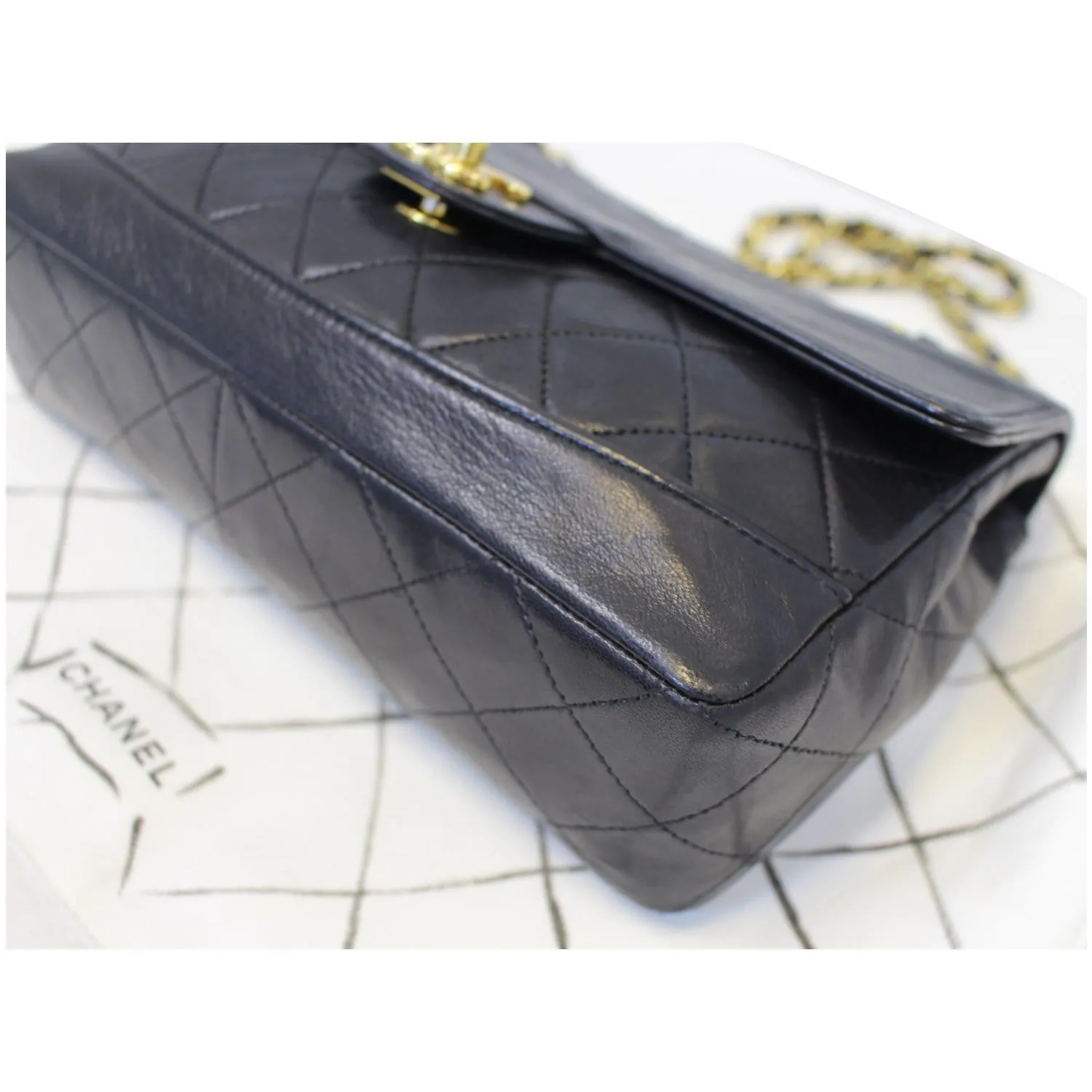 CHANEL Vintage Quilted Lambskin Leather Line Flap Bag Black