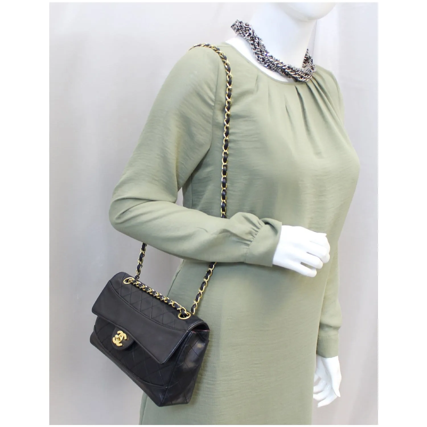 CHANEL Vintage Quilted Lambskin Leather Line Flap Bag Black