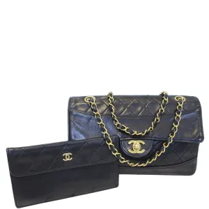 CHANEL Vintage Quilted Lambskin Leather Line Flap Bag Black