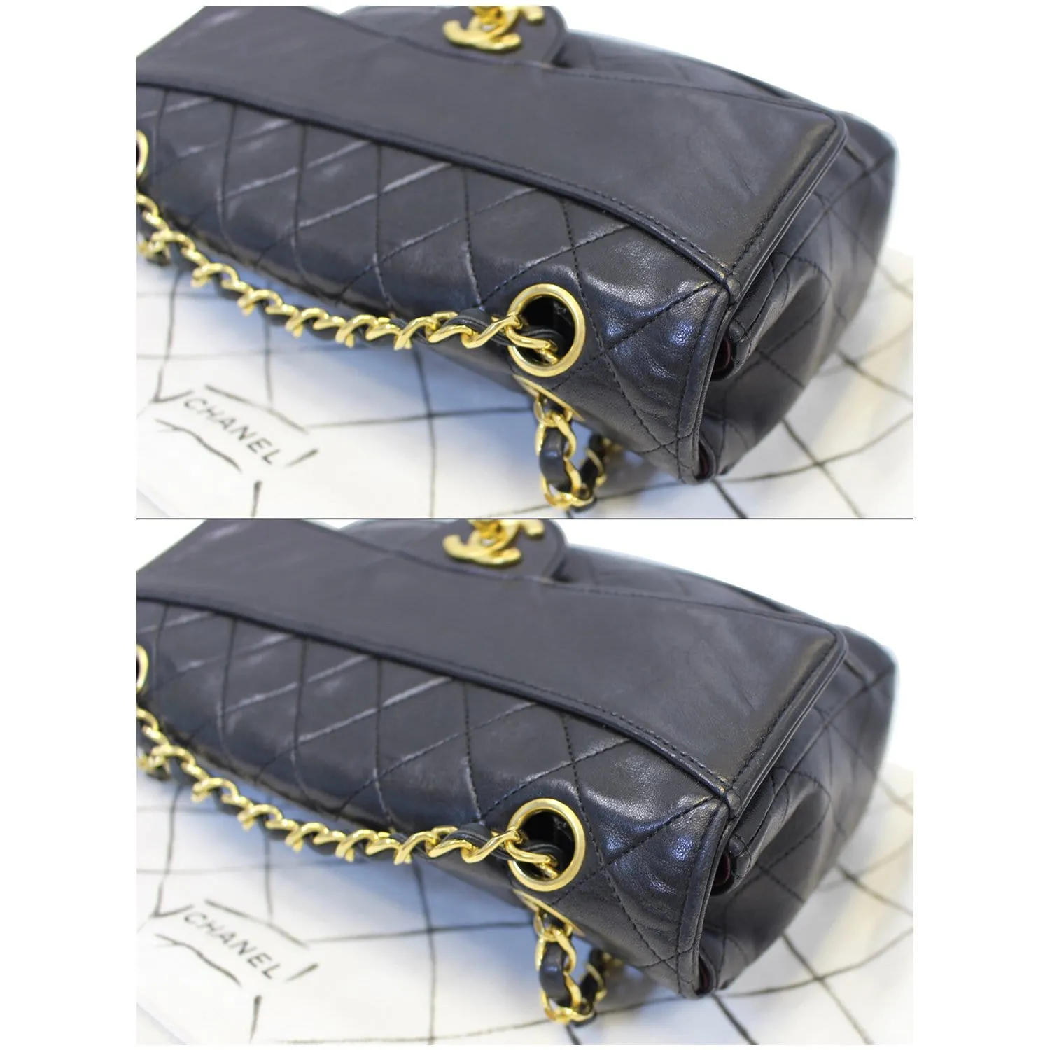 CHANEL Vintage Quilted Lambskin Leather Line Flap Bag Black