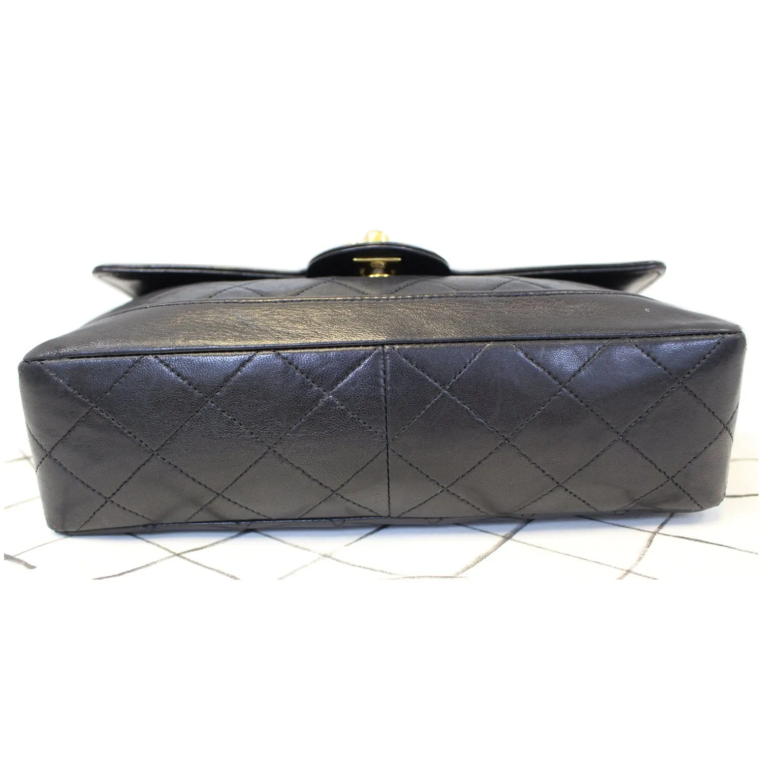 CHANEL Vintage Quilted Lambskin Leather Line Flap Bag Black