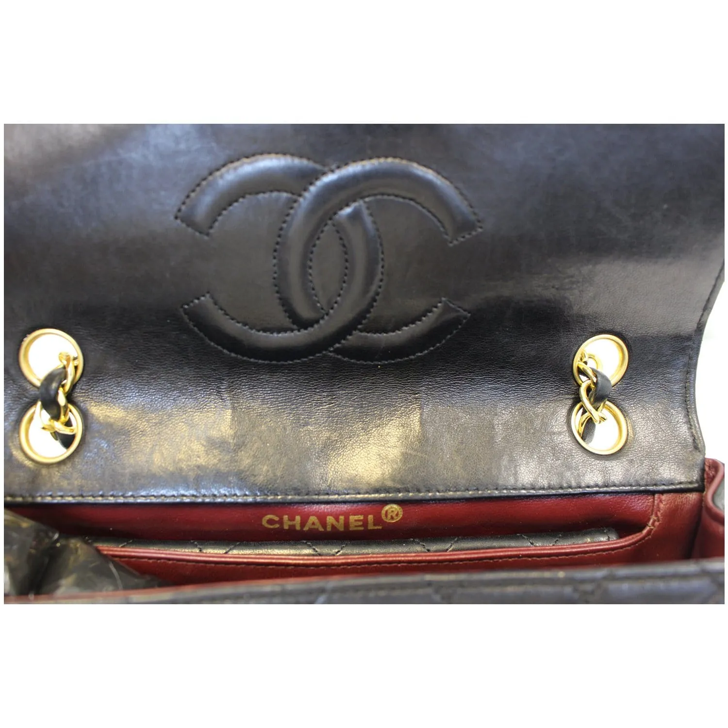 CHANEL Vintage Quilted Lambskin Leather Line Flap Bag Black