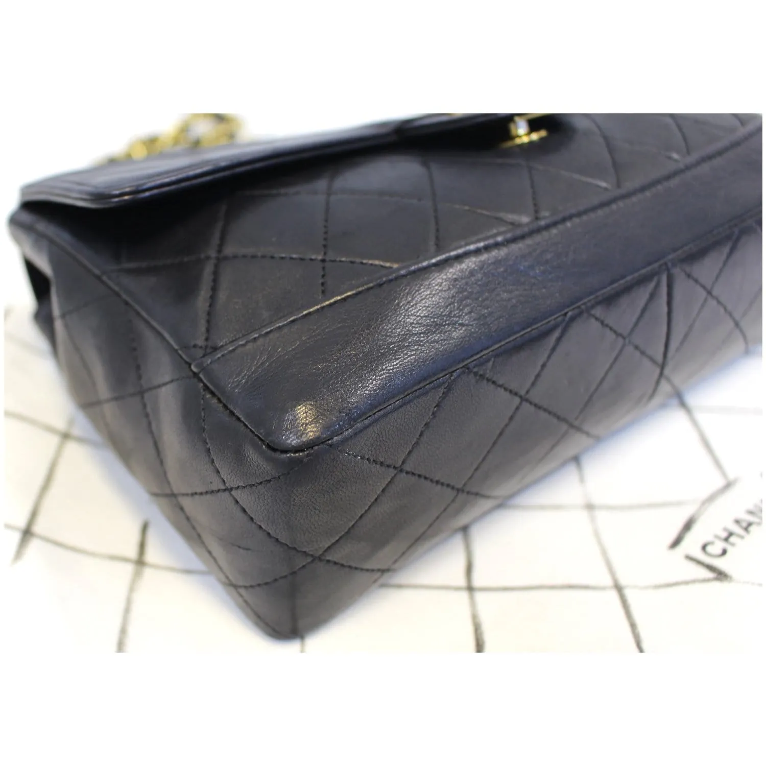 CHANEL Vintage Quilted Lambskin Leather Line Flap Bag Black