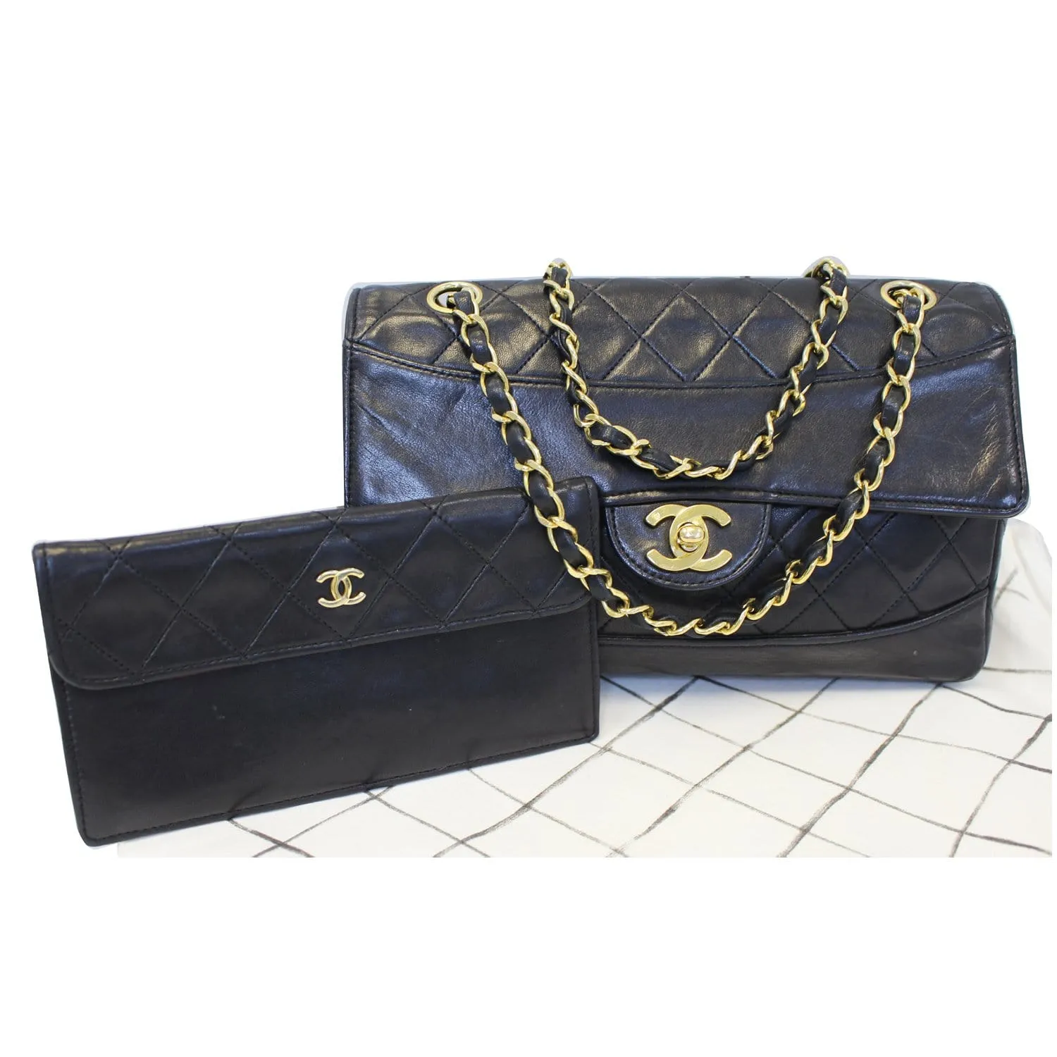 CHANEL Vintage Quilted Lambskin Leather Line Flap Bag Black