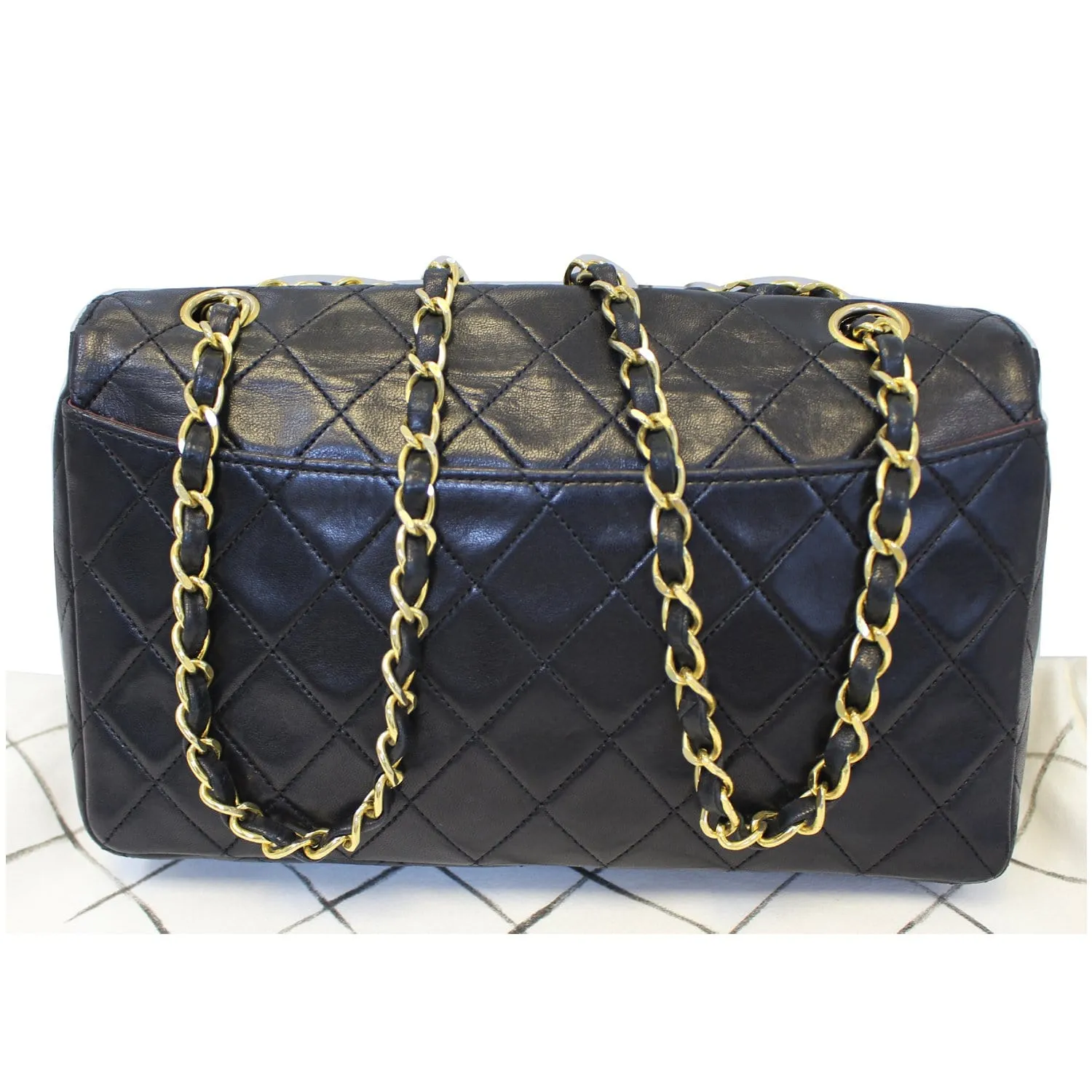 CHANEL Vintage Quilted Lambskin Leather Line Flap Bag Black