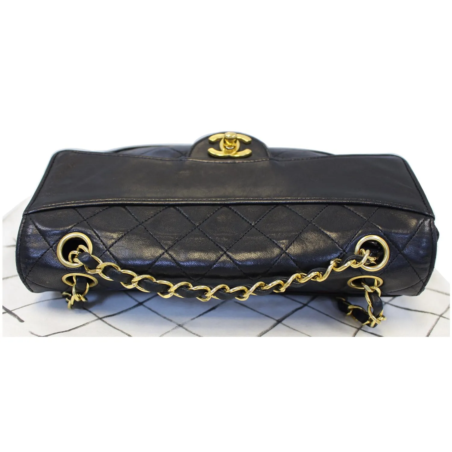 CHANEL Vintage Quilted Lambskin Leather Line Flap Bag Black