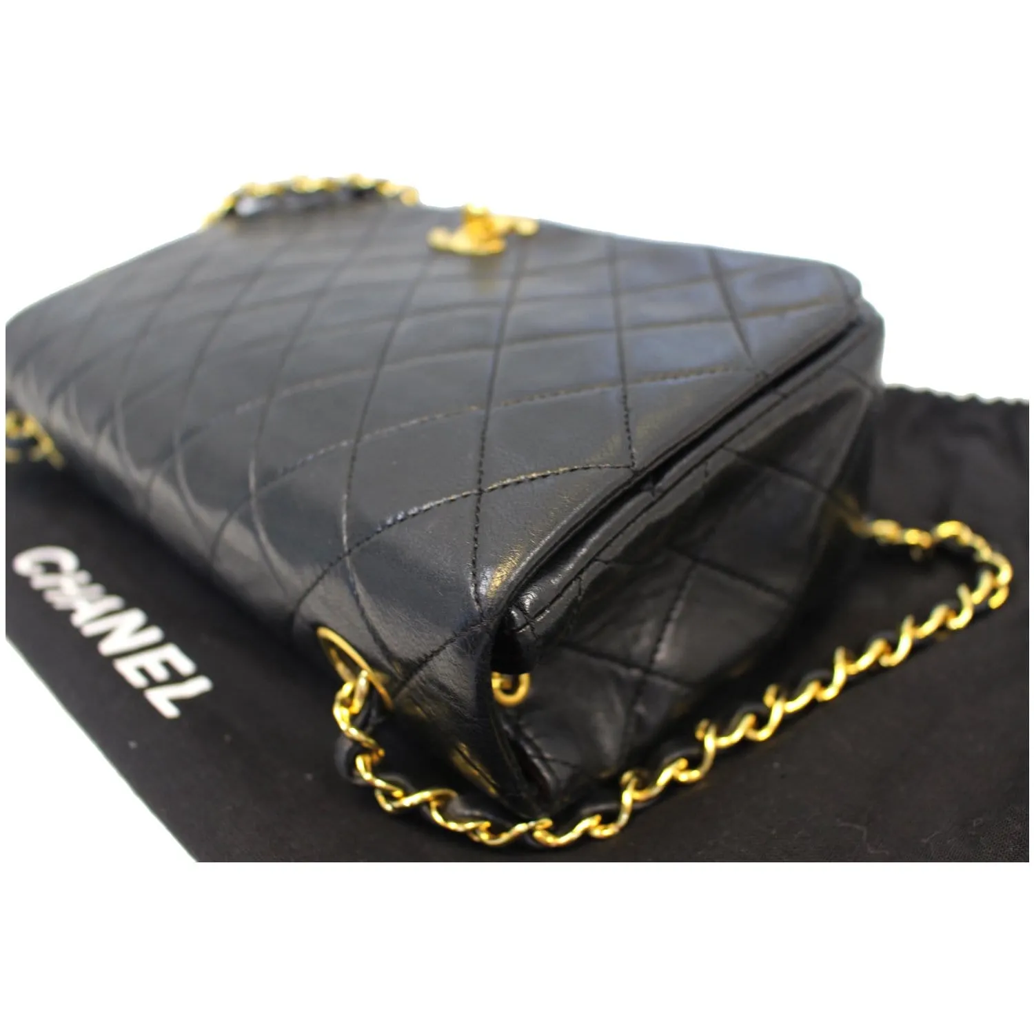 CHANEL Vintage Single Flap Quilted Lambskin Shoulder Bag Black